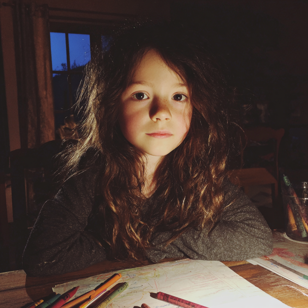 A little girl sitting at a dining table