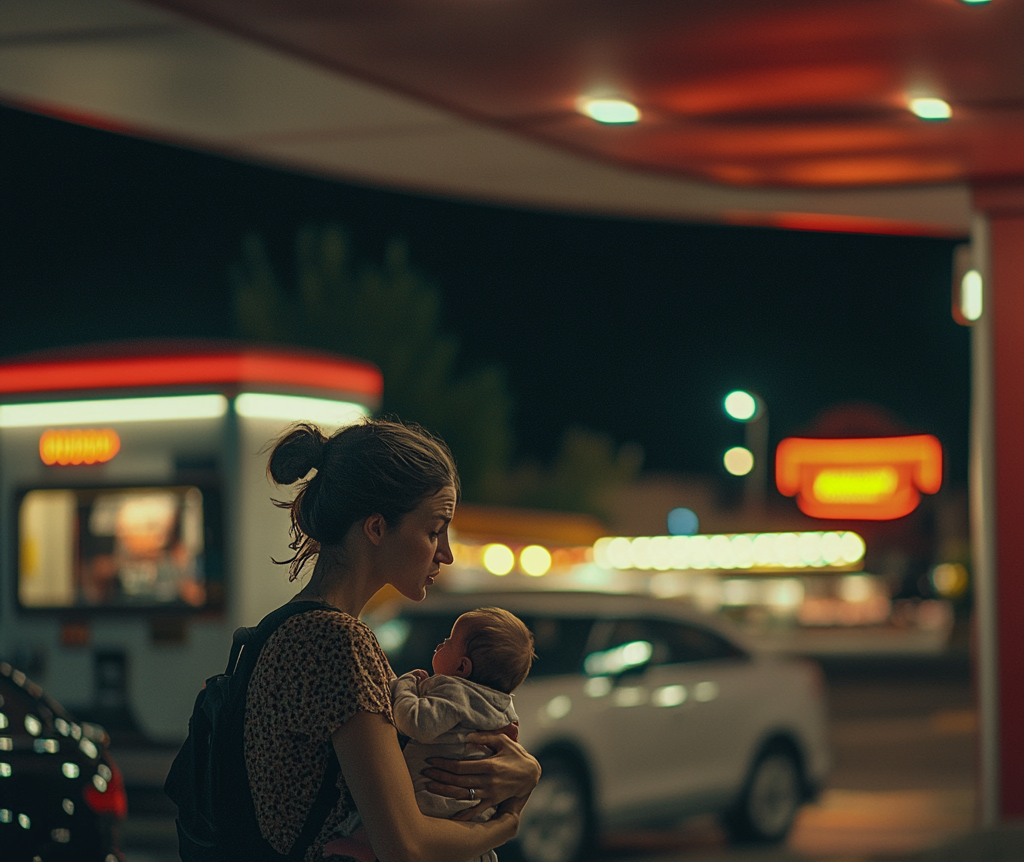 Frusztrált nő a babájával | Forrás: Midjourney