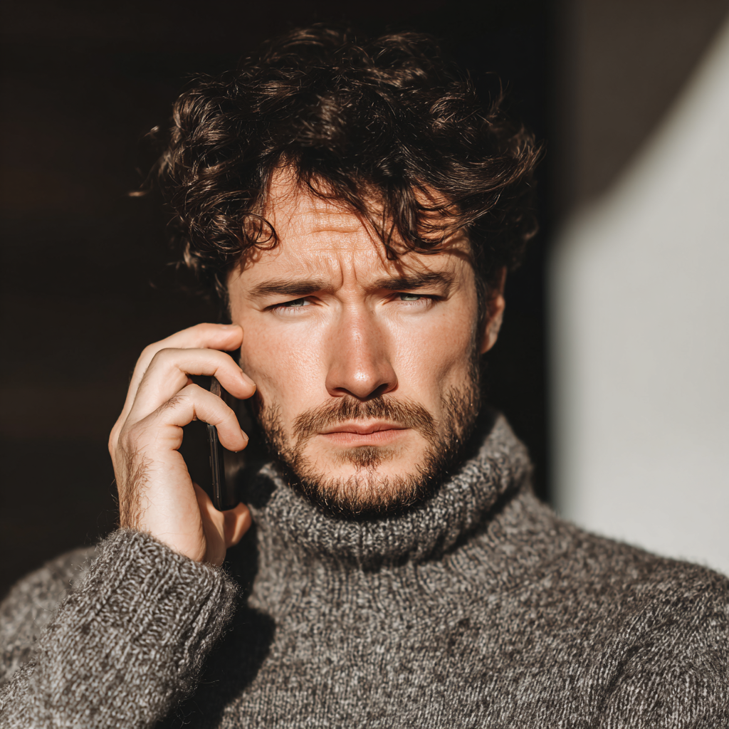 A frowning man talking on a phone