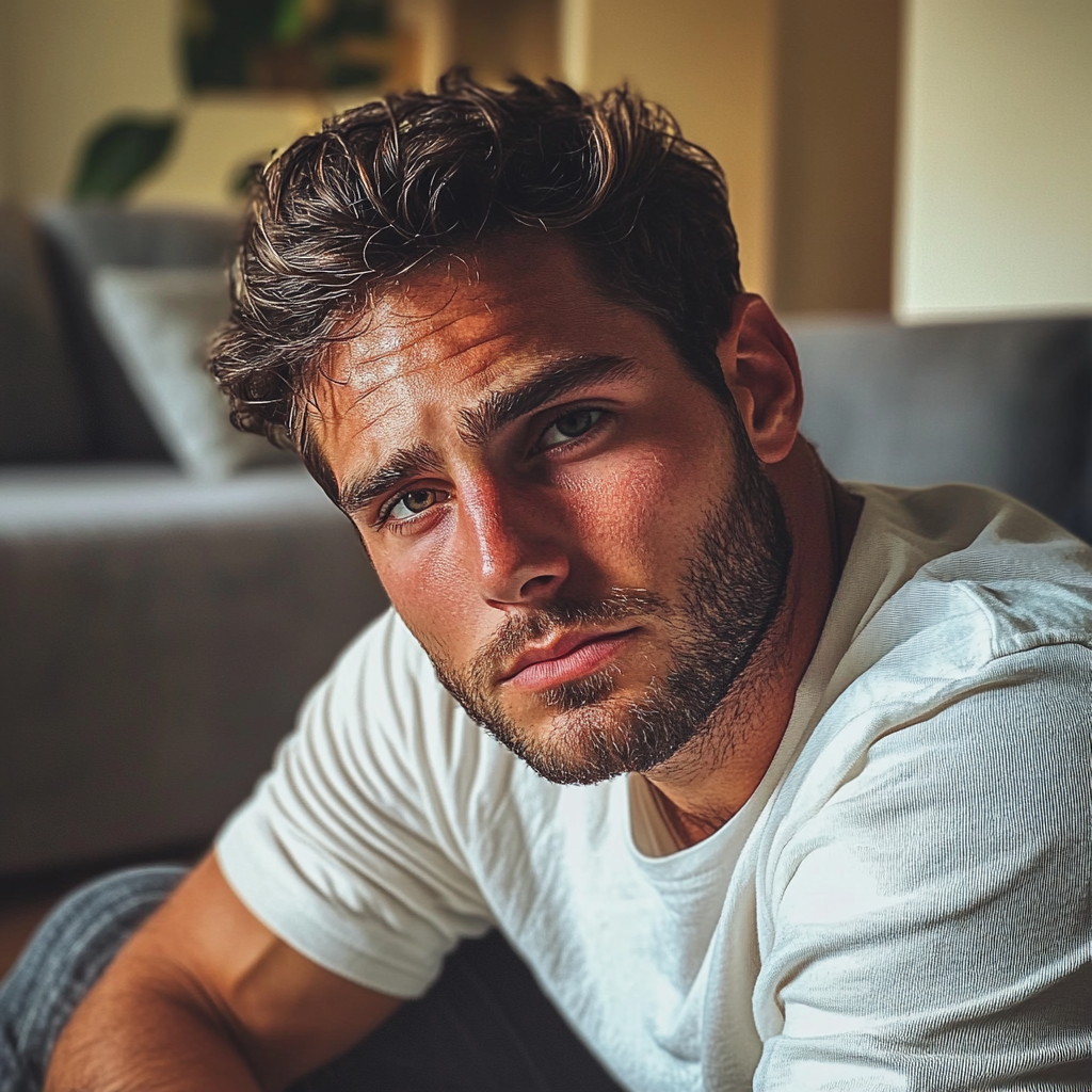 Egy komoly férfi beszél a kanapén | Forrás: Midjourney